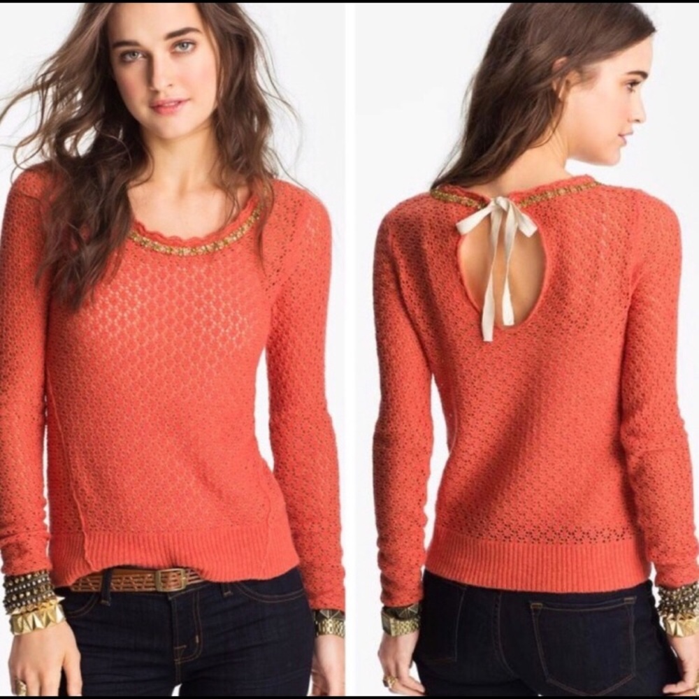 Free People Crochet Knit Beaded Keyhole Sweater